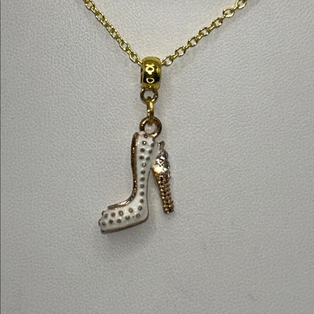 Artisan Handmade Gold Plated White Enamel CZ Shoe Charm Necklace